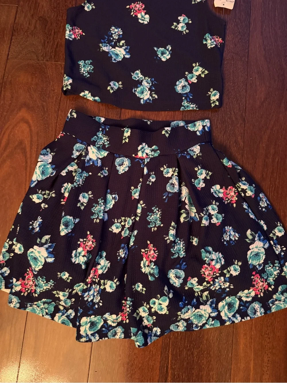 Knitworks Black Floral Girls Matching Crop Top and Skirt Set